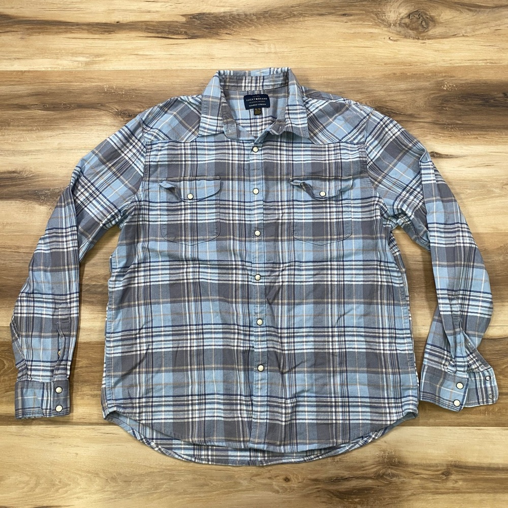 Lucky Brand Western Shirt Mens XL Plaid Saturday Stretch Pearl Snap Blue Grey - Picture 2 of 9